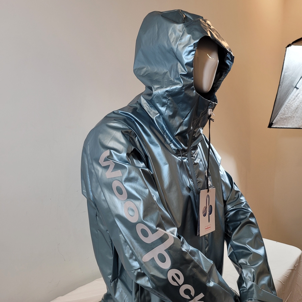 Metallic Teal Hooded Rain Jacket - Picture 7 of 12
